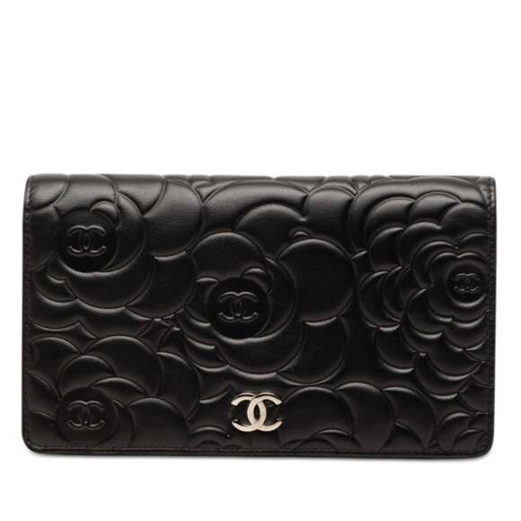 CHANEL Handbags - CHANEL Authentic Black Lambskin Leather Logo Wallet